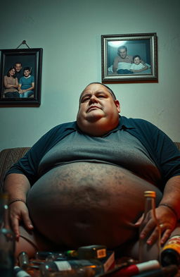 A realistic portrayal of an overweight man in a moment of vulnerability, reflecting the struggles of drug addiction despite coming from a loving, supportive family background