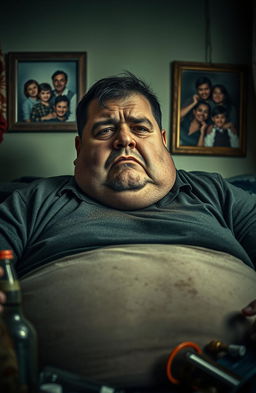 A realistic portrayal of an overweight man in a moment of vulnerability, reflecting the struggles of drug addiction despite coming from a loving, supportive family background