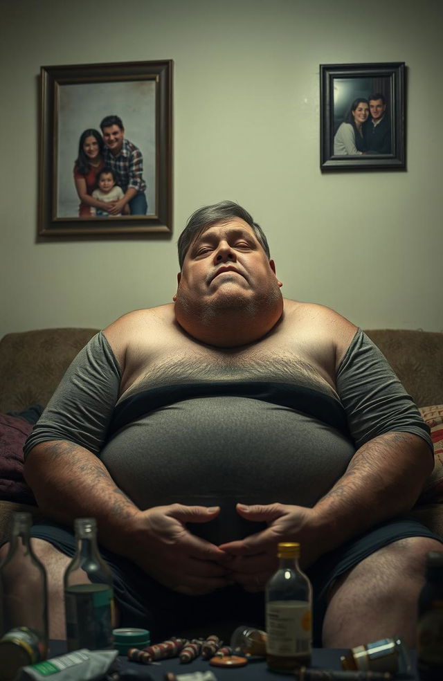 A realistic portrayal of an overweight man in a moment of vulnerability, reflecting the struggles of drug addiction despite coming from a loving, supportive family background