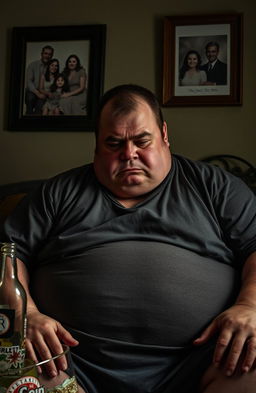 A realistic portrayal of an overweight man in a moment of vulnerability, reflecting the struggles of drug addiction despite coming from a loving, supportive family background