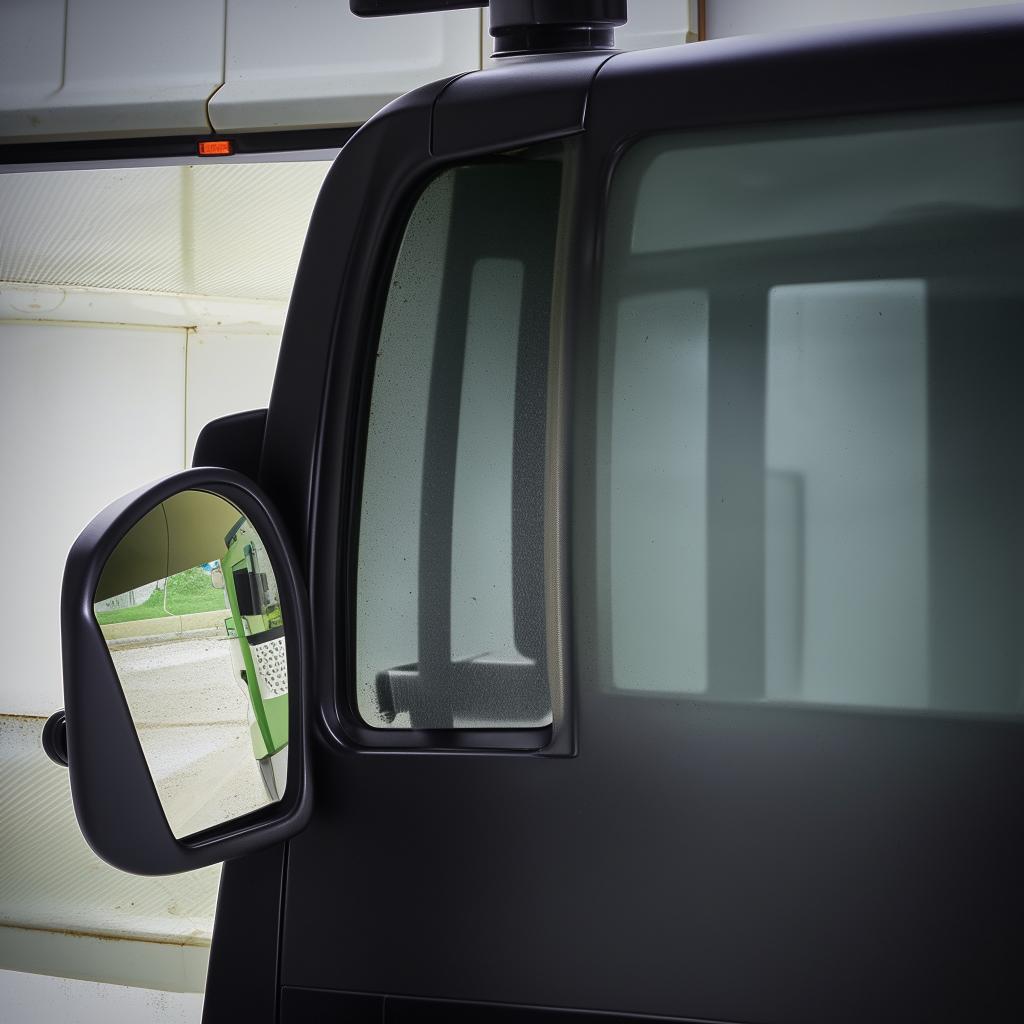 A close-up of the driver's side mirror on a penitentiary bus, showcasing its heavy-duty material and secure design.