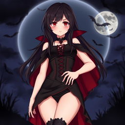 A captivating anime woman in a Halloween costume, embodying a sexy vampire allure