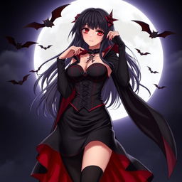 A captivating anime woman in a Halloween costume, embodying a sexy vampire allure