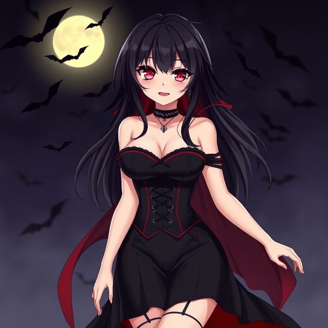 A captivating anime woman in a Halloween costume, embodying a sexy vampire allure