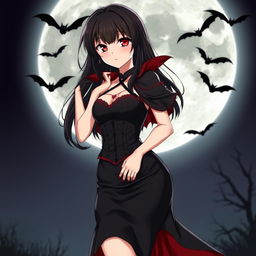 A captivating anime woman in a Halloween costume, embodying a sexy vampire allure
