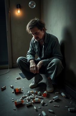 A realistic portrayal of a man struggling with drug addiction, sitting on the edge of a dimly lit room