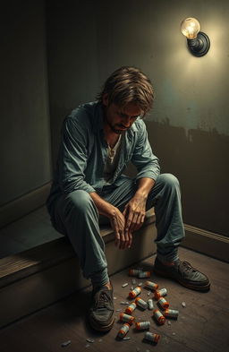 A realistic portrayal of a man struggling with drug addiction, sitting on the edge of a dimly lit room