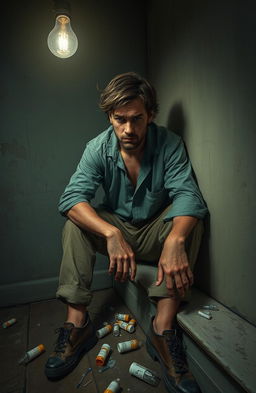 A realistic portrayal of a man struggling with drug addiction, sitting on the edge of a dimly lit room