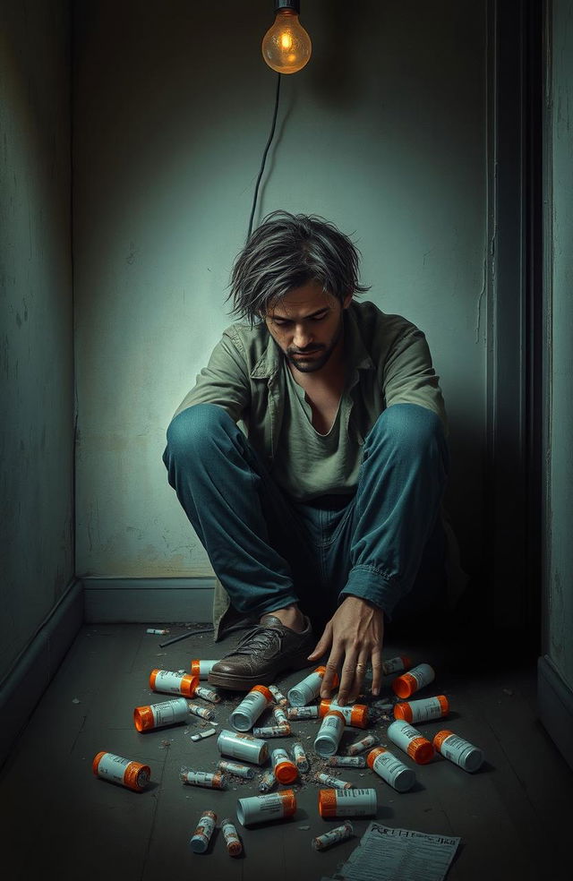 A realistic portrayal of a man struggling with drug addiction, sitting on the edge of a dimly lit room