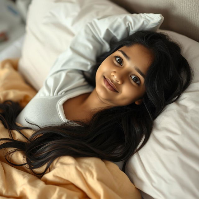 A serene portrait of a 16-year-old Indian girl lying comfortably in bed, surrounded by soft pillows and cozy blankets
