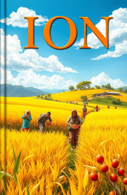 A picturesque book cover for a title named 'Ion', featuring a vibrant scene of people actively harvesting in a lush landscape