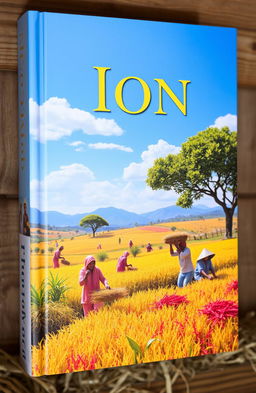 A picturesque book cover for a title named 'Ion', featuring a vibrant scene of people actively harvesting in a lush landscape