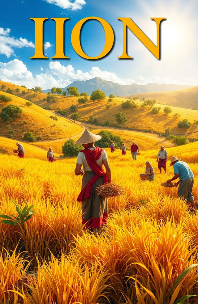 A picturesque book cover for a title named 'Ion', featuring a vibrant scene of people actively harvesting in a lush landscape