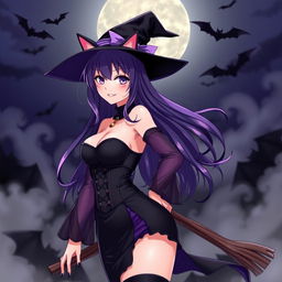 A striking anime woman in a Halloween costume, portraying a sexy witch
