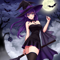 A striking anime woman in a Halloween costume, portraying a sexy witch