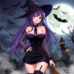 A striking anime woman in a Halloween costume, portraying a sexy witch