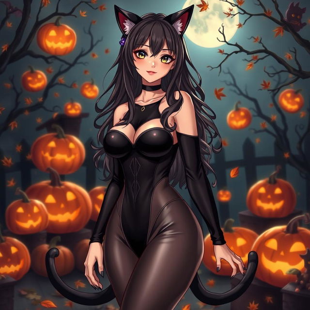 An alluring anime woman in a Halloween costume, representing a sexy cat