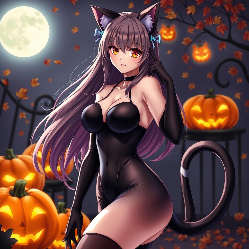 An alluring anime woman in a Halloween costume, representing a sexy cat