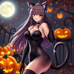 An alluring anime woman in a Halloween costume, representing a sexy cat