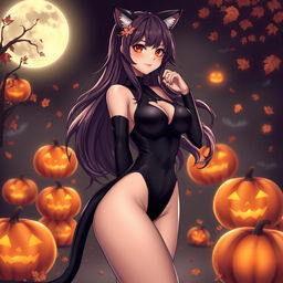 An alluring anime woman in a Halloween costume, representing a sexy cat