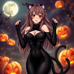 An alluring anime woman in a Halloween costume, representing a sexy cat