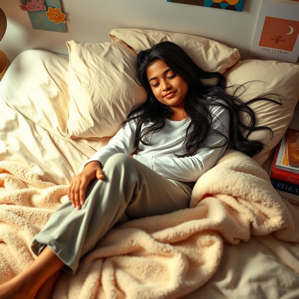 A serene and cozy scene featuring a 16-year-old Indian girl lying comfortably in bed, dressed in casual pajama pants