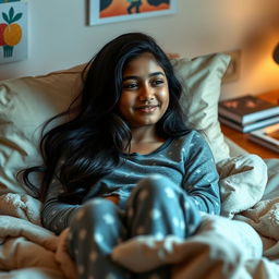 A serene and cozy scene featuring a 16-year-old Indian girl lying comfortably in bed, dressed in casual pajama pants