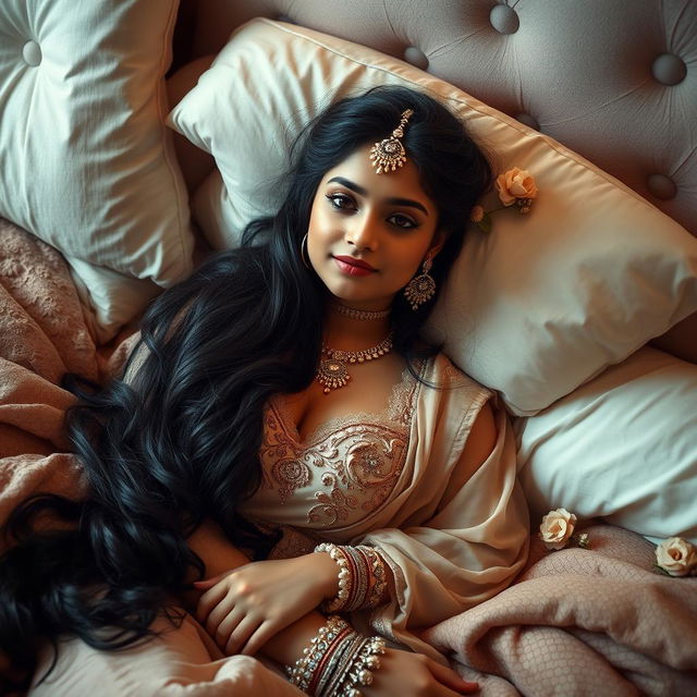 An elegant scene featuring a 16-year-old Indian girl lying gracefully in bed, adorned with stunning bridal makeup that enhances her natural beauty