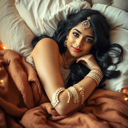 An elegant scene featuring a 16-year-old Indian girl lying gracefully in bed, adorned with stunning bridal makeup that enhances her natural beauty