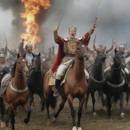 King Alex and his victorious horsemen bask in the glory of their victory. A vivid scene depicting joy among warriors, their faces alight with pride and relief as they celebrate amidst the battlefield now littered with the spoils of war.