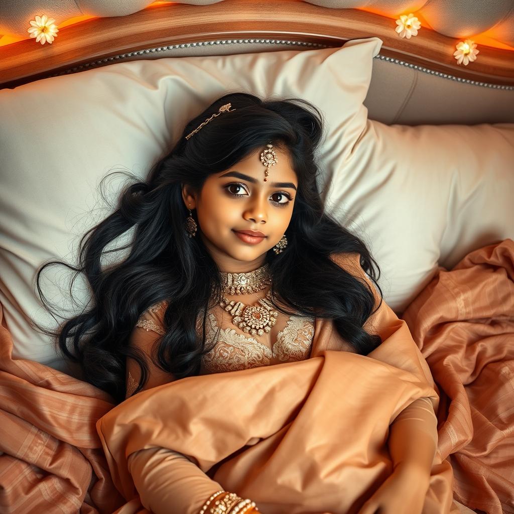 An elegant scene featuring a 16-year-old Indian girl lying gracefully in bed, adorned with stunning bridal makeup that enhances her natural beauty