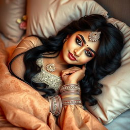 An elegant scene featuring a 16-year-old Indian girl lying gracefully in bed, adorned with stunning bridal makeup that enhances her natural beauty