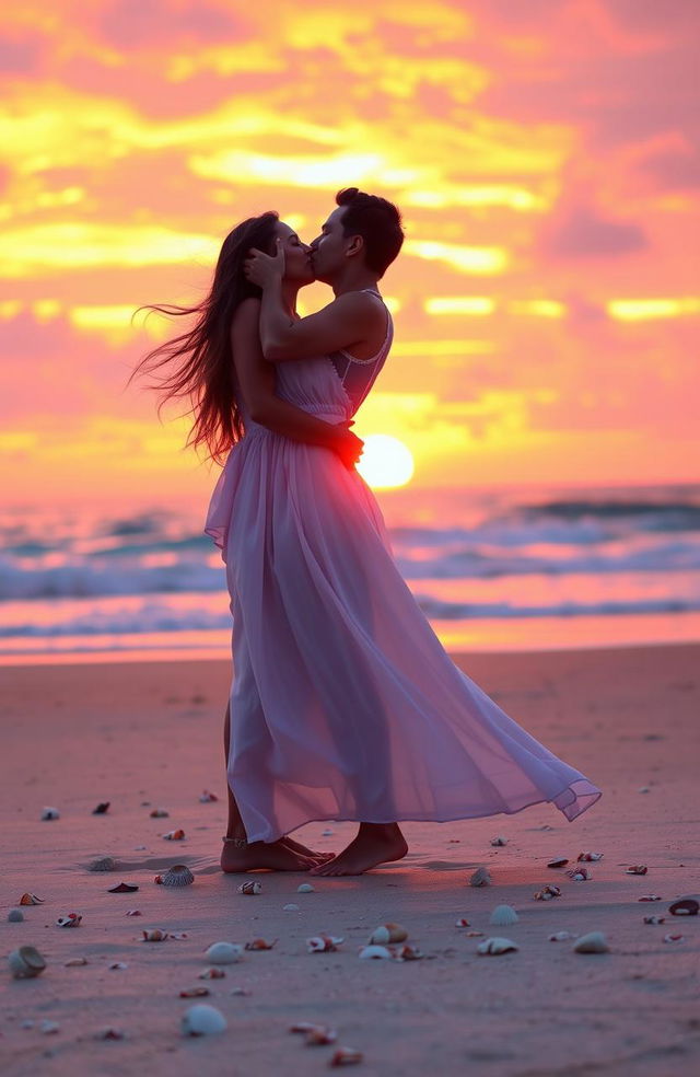 A romantic scene featuring a couple sharing a tender moment at sunset on a beach