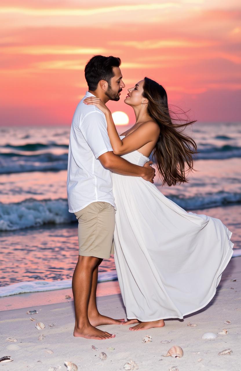 A romantic scene featuring a couple sharing a tender moment at sunset on a beach