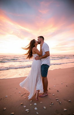 A romantic scene featuring a couple sharing a tender moment at sunset on a beach