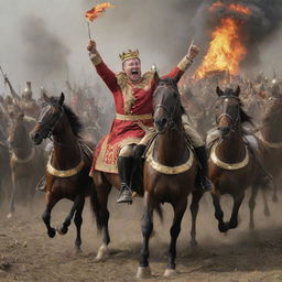 King Alex and his victorious horsemen bask in the glory of their victory. A vivid scene depicting joy among warriors, their faces alight with pride and relief as they celebrate amidst the battlefield now littered with the spoils of war.