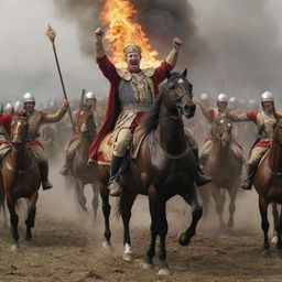 King Alex and his victorious horsemen bask in the glory of their victory. A vivid scene depicting joy among warriors, their faces alight with pride and relief as they celebrate amidst the battlefield now littered with the spoils of war.