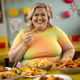 A joyful and confident obese blonde woman wearing vibrant, tight-fitting clothing, sitting at a brightly colored table filled with delicious food