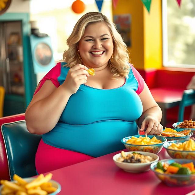 A joyful and confident obese blonde woman wearing vibrant, tight-fitting clothing, sitting at a brightly colored table filled with delicious food