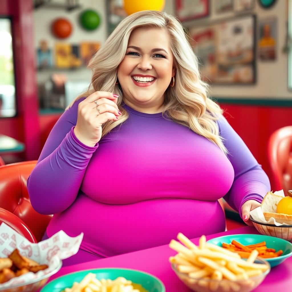 A joyful and confident obese blonde woman wearing vibrant, tight-fitting clothing, sitting at a brightly colored table filled with delicious food