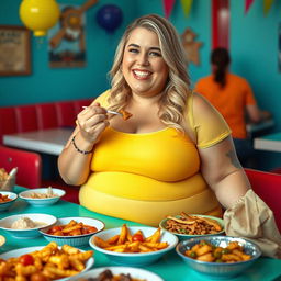 A joyful and confident obese blonde woman wearing vibrant, tight-fitting clothing, sitting at a brightly colored table filled with delicious food
