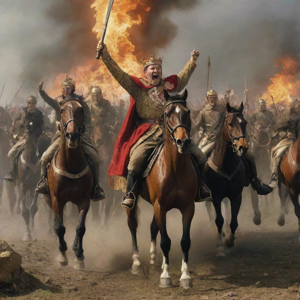 King Alex and his victorious horsemen bask in the glory of their victory. A vivid scene depicting joy among warriors, their faces alight with pride and relief as they celebrate amidst the battlefield now littered with the spoils of war.