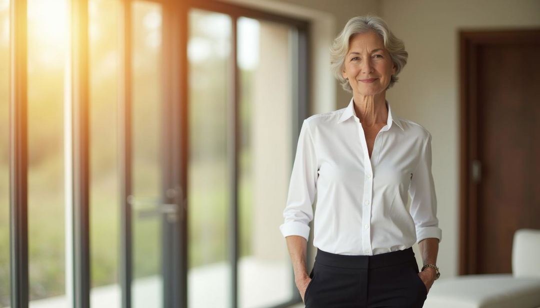 A woman in her 60s stands elegantly in a bright, modern living room with floor-to-ceiling windows