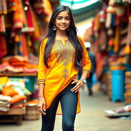 A fashionable Indian teen girl confidently posing in a vibrant kurta and form-fitting leggings