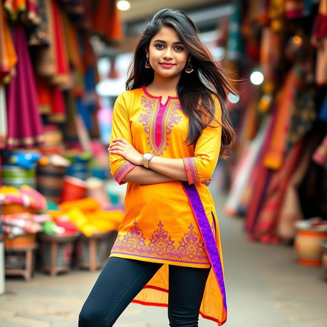 A fashionable Indian teen girl confidently posing in a vibrant kurta and form-fitting leggings