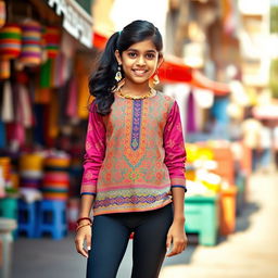 A fashionable Indian teenage girl wearing form-fitting leggings and a stylish kurta