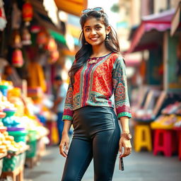 A fashionable Indian teenage girl wearing form-fitting leggings and a stylish kurta