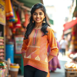 A fashionable Indian teenage girl wearing form-fitting leggings and a stylish kurta
