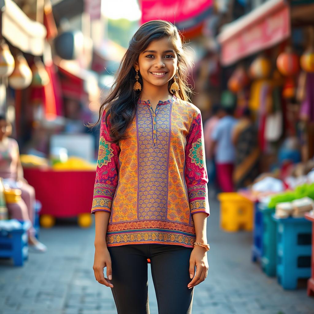 A fashionable Indian teenage girl wearing form-fitting leggings and a stylish kurta