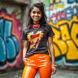 A trendy Indian teenage girl wearing snug latex pants and a stylish, fitted T-shirt